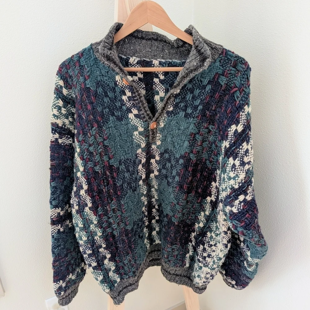 Vintage Plaid Waffle Stitch Button Front Wool Henley Sweater In Gray/Blue/Purple